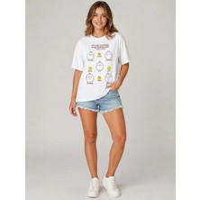 Akabi Online Kadın Beyaz Baskılı Tişört %100 Pamuk Oversize/relax Fit Basic Kısa Kol Bisiklet Yaka Yazlık Günlük T-Shirt