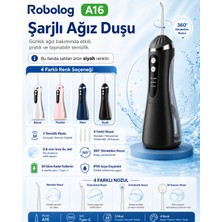 Robolog Ağız Duşu Premium Şarj Edilebilir 4 Başlıklı Taşınabilir Diş Protez Ağız Bakım Temizleme A16-1 Siyah