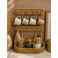 WoodBay Hasır Askılı Rattan Görünümlü Plastik Fincan Organizer|dekoratif Kahve Fincan Düzenleyici Sepetli Çift Askı