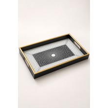 Siyah Altın Kenarlı Desenli Kulplu Dekoratif Servis Tepsisi 31X46 cm Tekli Sudedi Home