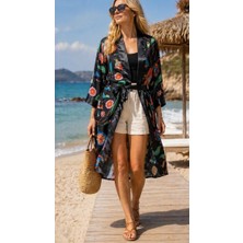 Made by Alisha Siyah Saten Anka Desenlikimono/pareo