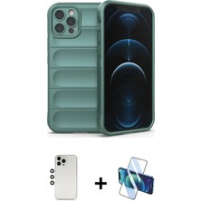 Marsilyan™- iPhone 12 Pro Kılıf Atlas Koleksiyonu - Siyah 3D Antistatik Cam Ekran Koruyucu + Shine Kamera Lens - Gs
