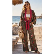 Made by Alisha Haki Çiçekli Krep Kimono Takımı