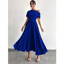 Kendim Fashion Kadın Omuzdan Açık Kısa Kollu Omuzdan Pileli Uzun Janjan Krep Elbise