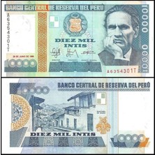 Emir Koleksiyon Coin & Paper Collection Peru 1988 Yılı 10.000 Intıs Kağıt Para Çil ( Unc ) Koleksiyon Para