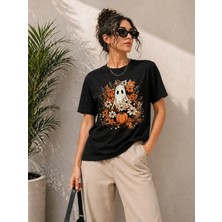 Bet's  Balkabağı Hayalet Baskılı Tişört Kısa Kol Yazlık T-Shirt - Siyah