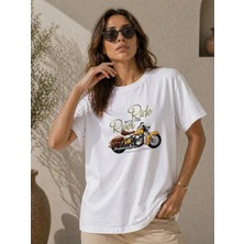 Sun & North Sun&north Motosiklet Baskılı Tişört Bisiklet Yaka Kısa Kol Yazlık T-Shirt - Beyaz