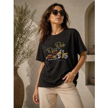 Sidelya Concept Motosiklet Baskılı Tişört Bisiklet Yaka Kısa Kol Yazlık T-Shirt - Siyah