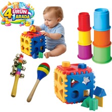 Özbience Eğitici Montessori Set, 14 Küp Bultak, 6 Bardak Kule, Ahşap Marakas ve El Zili