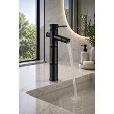 Mixsa Lüx Premium Siyah Bambu Çanak Lavabo Bataryası Eskitme Hissiyatlı Uyumlu Mat Siyah Musluk