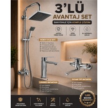 Mixsa Krom Lüx 3'lü Set Robot Duş Seti Çift Su Girişli Mutfak Bataryası ve Sabit Lavabo Bataryası Modern Tasarım Avantajlı Set