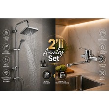 Mixsa Lüx Krom 2'li Avantaj Set Robot Duş Seti ve Çift Su Girişli Sıcak Soğuk Duvardan Mutfak Bataryası Ekonomik Set
