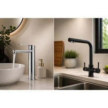 Mixsa Lüx 2'li Set Krom Sabit Lavabo Bataryası ve 3 Yollu Arıtma Musluğu Mutfak Bataryası Çeşmesi Musluğu