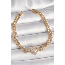 Uravas Store Pirinç Gold Renk Zirkon Taşlı Yonca Figür Zincir Model Kadın Bileklik
