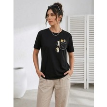 Defy Moda Sevimli Kedi Cep Baskılı Tişört Kısa Kol Yazlık T-Shirt - Siyah