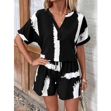 Defy Moda Kadın Kısa Kollu V Yakalı Desenli Bluz ve Short Ikili Süprem Takım