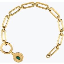 Goldium Jewellery Oval Yeşil Taşlı Asimetrik Madalyon Uçlu Charm Bileklik
