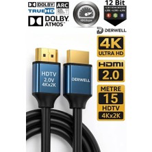 Derwell 15 Metre 15MT  Premium 4K HDMI Kablosu Hdtv 2.0 15M Oyuncu Bilgisayarı Playstation Xbox Notebook Için 4K 2.0 Version HDMI Kablosu