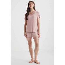 Penye Mood Dantel Detaylu V Yaka Kısa Kollu Yumuşak Dokulu Kumaş Kadın Şortlu Pijama Takım
