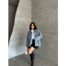 Esra Butik Açık Mavi Yıkamalı Oversize Kot Ceket Çift Cepli Salaş Denim Ceket