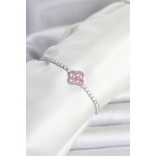 Uravas Store Pirinç Gümüş Renk Pembe Zirkon Taşlı Yonca Model Su Yolu Kadın Bileklik