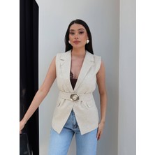 Esra Helvacı Gold Toka Kemerli Keten Yelek