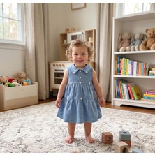 GENYBABY Kız Bebek Mavi Elbise Çiçek Detaylı Yakalı Yazlık Şık Bebek Elbisesi