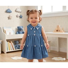 GENYBABY Kız Bebek Mavi Elbise Çiçek Detaylı Yakalı Yazlık Şık Bebek Elbisesi