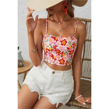 Bella Notte Retro Çiçek Baskılı Sırt Dekolteli Crop Bluz