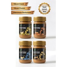 4'lü Paket: Proteinli Fıstık Ezmesi (Karamel, Muz, Vanilya, Kakao) | Fıstık Proteini, Maca Kökü Tozu ile | 325 gr x 4