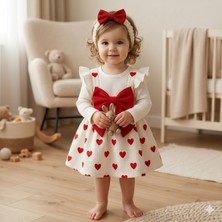 GENYBABY Kız Bebek Kalpli Elbise Kırmızı Fiyonk Detaylı Uzun Kollu Şık Bebek Elbisesi Seti