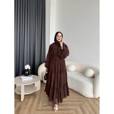 RFK Butik Kadın Fırfırlı Kat Kat Bağcık Detaylı Şifon Elbise - Kahverengi