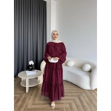 RFK Butik Kadın Fırfırlı Kat Kat Bağcık Detaylı Şifon Elbise - Bordo