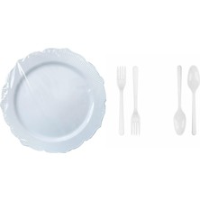 Omeyva 23 Cm. Plastik Mika Beyaz Sorfa Piknik Seti - 12 Kişilik Tabak Çatal Kaşık Takımı