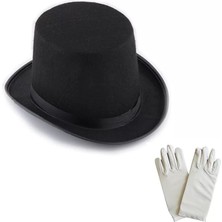 Uravas Store Siyah Sihirbaz Fötr Şapka 15 cm - 1 Çift Beyaz Sihirbaz Eldiveni - Yetişkin Boy