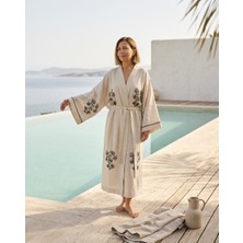 Monochrome Ağaç Desenli Keten Kimono Kaftan