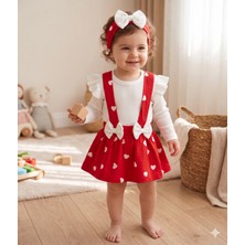 GENYBABY Kız Bebek Kalpli Elbise Takım Kırmızı Salopet Etekli Body Fiyonklu 3’lü Set
