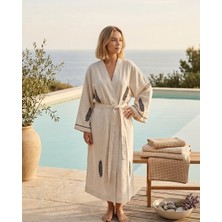 Monochrome Tüy Desenli Keten Kimono Kaftan