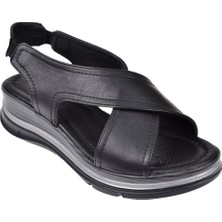 Floor Hakiki Deri Çapraz Bantlı Kadın Sandalet MAK-2562   Siyah