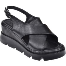 Floor Hakiki Deri Kalın Taban Kadın Sandalet MAK-2005   Siyah
