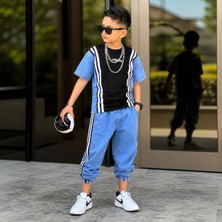 Yiğit Butik Trend Erkek Çocuk Kot Takım Şeritli Spor Kombin
