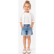 İrem Çocuk Giyim Kız Çocuk Fistolu Düğme Kapamalı Kolu Lastikli Gömlek Slim Fit Tişört Fistolu Astarlı Şort Beyaz Renk Üçlü Takım