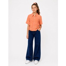 İrem Çocuk Giyim Kız Çocuk Kırışık Modelli Fermuar Kapamalı Oranj Renk Gömlek Kot Pantolon Ikili Takım