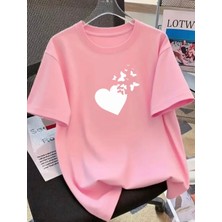 Nigrum Pardus Nıgrum Pardus Büyük Beden Özel Seri Kalbin Kelebekleri Baskılı %100 Pamuk Oversize Kadın T-Shirt