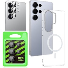 Vendas Samsung Galaxy S26 Ultra Uyumlu Kamera Korumalı M-Safe Şarj Özellikli Şeffaf Zore London Sert Pc Kapak + Şeffaf Kamera Lens Koruyucu