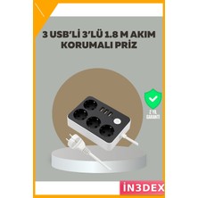 İn3dex Akım Korumalı 4 Priz 3 USB Şarj Istasyonu 2m Kablo