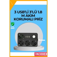 İn3dex 4'lü Akıllı Priz 3 USB Çıkışlı 2500W 2m Kablo