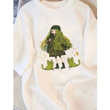 Nigrum Pardus Nıgrum Pardus Özel Seri Anime'nin Yeşil Kedileri Baskılı %100 Pamuk Kız Çocuk T-Shirt