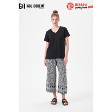 Gd Goldoremi 29063 Premium Kadın V Yaka Rahat Kalıp Desenli Bol Paça Kısa Kollu Pijama Takım