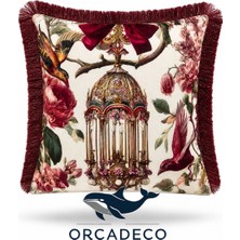 Orcadeco -Bordo Püsküllü Dekoratif Yastık Kılıfı Kuş & Çiçek Desenli Lüks Vintage Tasarım 45X45